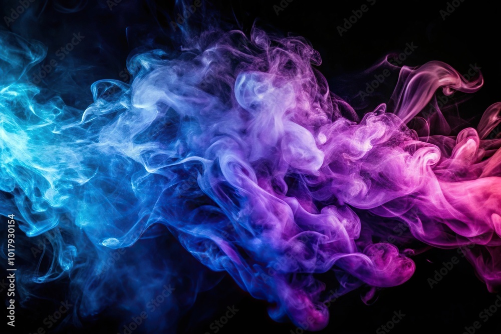 Fototapeta premium Abstract aerial texture of violet and blue smoke or flame on black background
