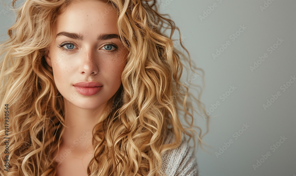 Beautiful young woman with blonde wavy hair and natural make-up on gray studio wall background
