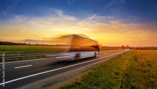  Long exposure of a bus driving on the highway at sunset. side view 