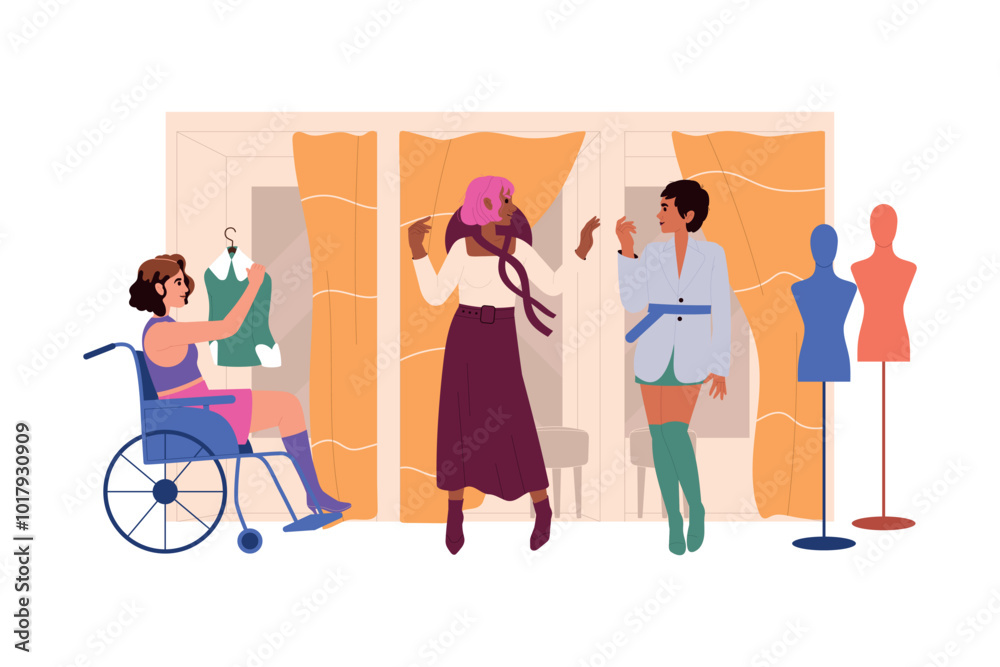Woman Character Choosing Clothes at Shop or Fashion Store Vector Illustration Woman Character Choosing Clothes at Shop or Fashion Store Vector Illustration