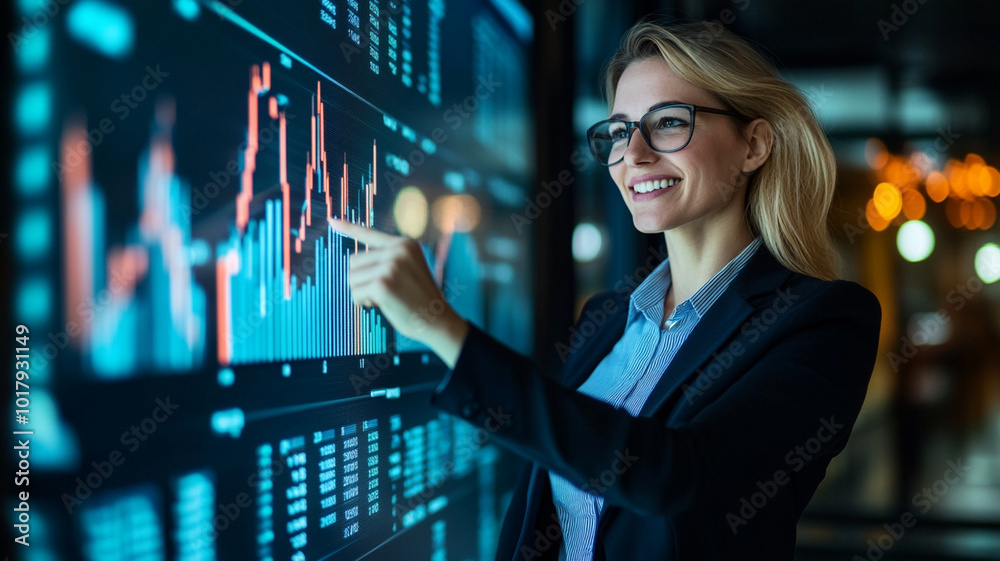 businesswoman is confidently pointing at digital graph on touchscreen display, showcasing her analytical skills and engagement with data. modern office setting enhances professional atmosphere businesswoman is confidently pointing at digital graph on touchscreen display, showcasing her analytical skills and engagement with data. modern office setting enhances professional atmosphere