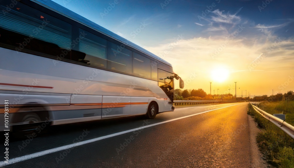 Long exposure of a bus driving on the highway at sunset. side view Long exposure of a bus driving on the highway at sunset. side view