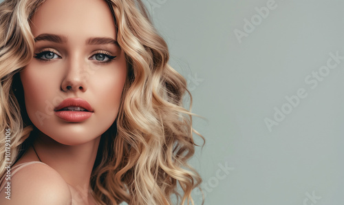 Cute curly hairstyle woman. Blonde fashion model with wavy long hairdo portrait. Volume, coiffure, cosmetic, hair care and hair treatment concept