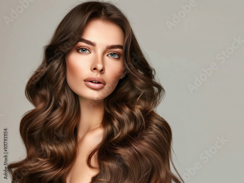 Fashionable fashion woman with elegance makeup, long shiny curly hairstyle and healthy skin against gray studio wall background