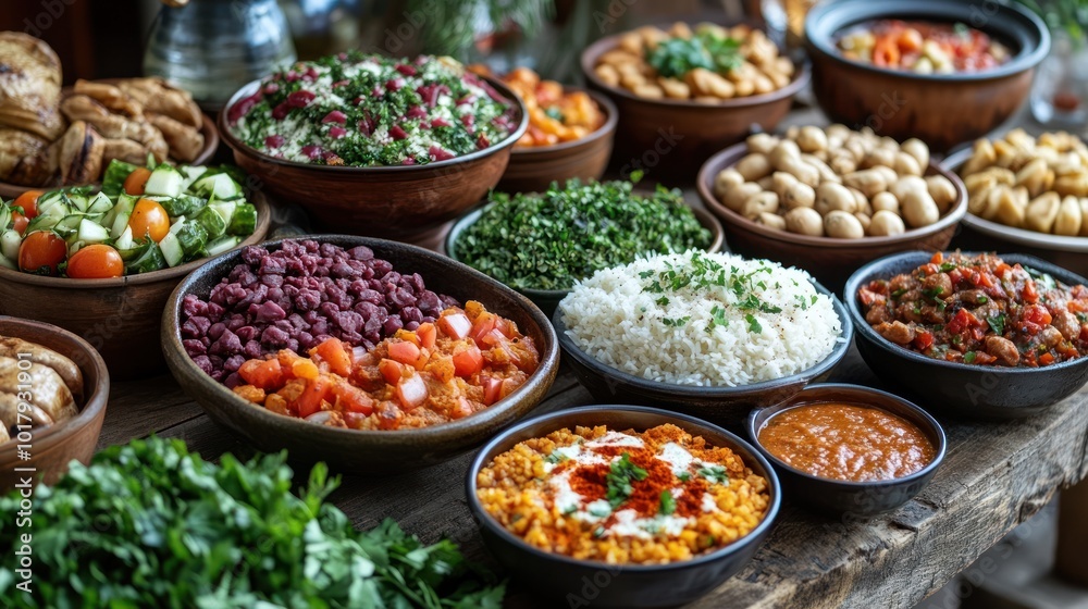 A vibrant spread of various dishes on a rustic table. A vibrant spread of various dishes on a rustic table.