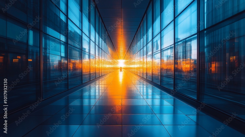 Modern Glass Building Corridor with Sunset Reflection Modern Glass Building Corridor with Sunset Reflection
