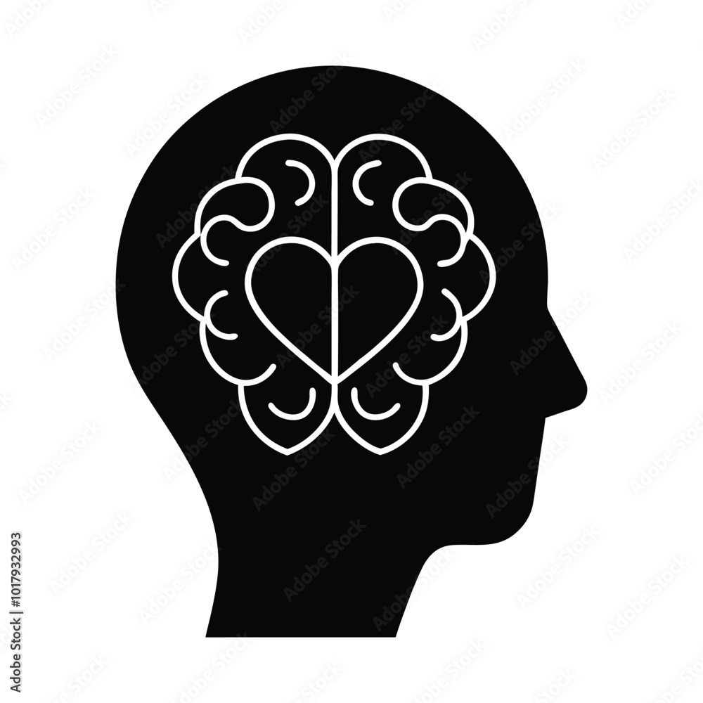 Human Head Silhouette with Heart and Brain for Emotional Intelligence Human Head Silhouette with Heart and Brain for Emotional Intelligence