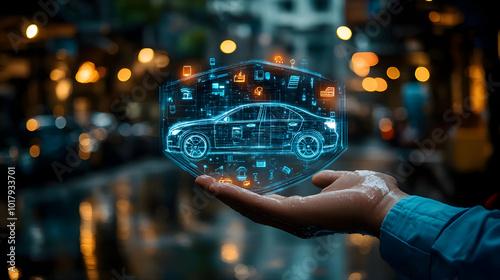 A hand holding a holographic car display in a rainy urban setting.