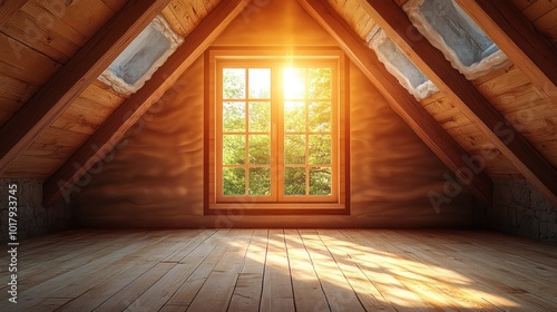 Cozy attic with a sunlit window overlooking greenery.