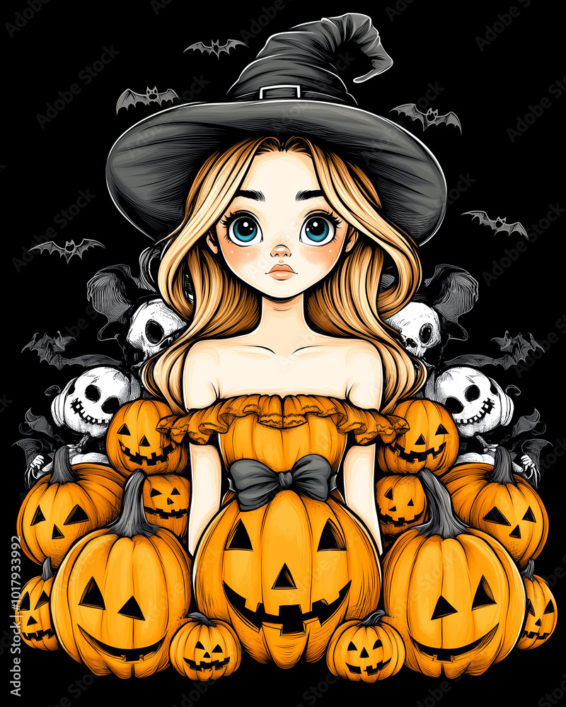 A girl in a witch costume is surrounded by pumpkins and bats. Scene is spooky and Halloween-themed A girl in a witch costume is surrounded by pumpkins and bats. Scene is spooky and Halloween-themed