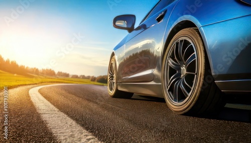  LOW ANGLE, CLOSE UP- Cool wheel shot of a sportscar speeding down racetrack during race. 