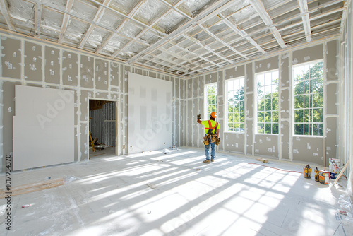 a construction worker installing drywall in a partially finished room