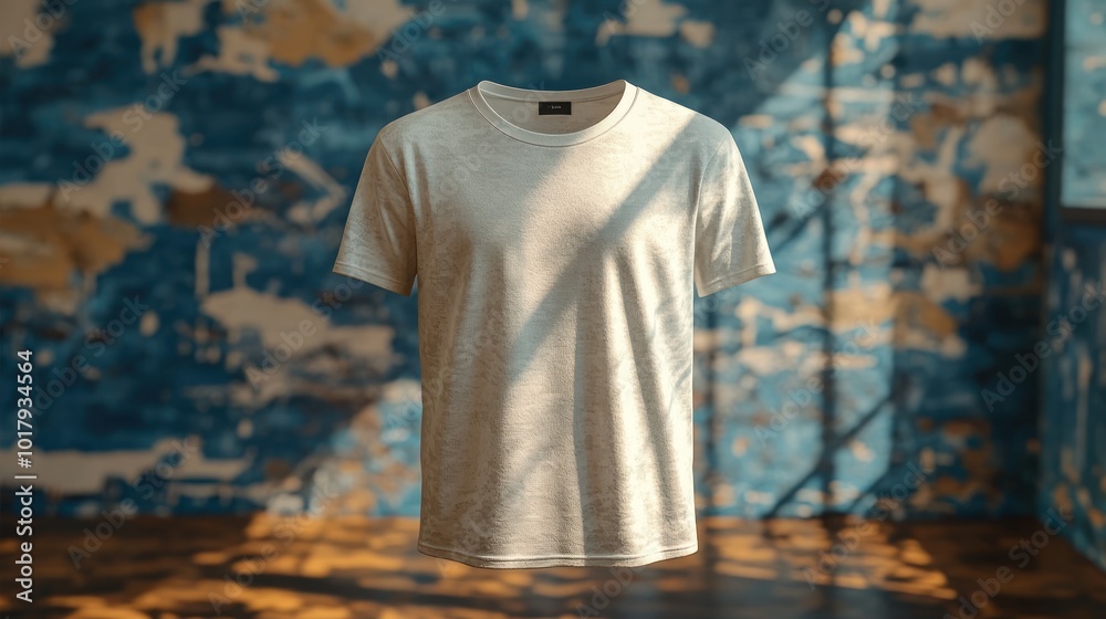 A plain white t-shirt displayed in a textured blue background. A plain white t-shirt displayed in a textured blue background.