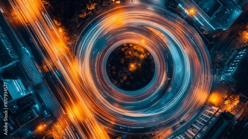 An aerial view capturing light trails forming a circular pattern around a roundabout, symbolizing movement, energy, and the bustling life of an urban environment.