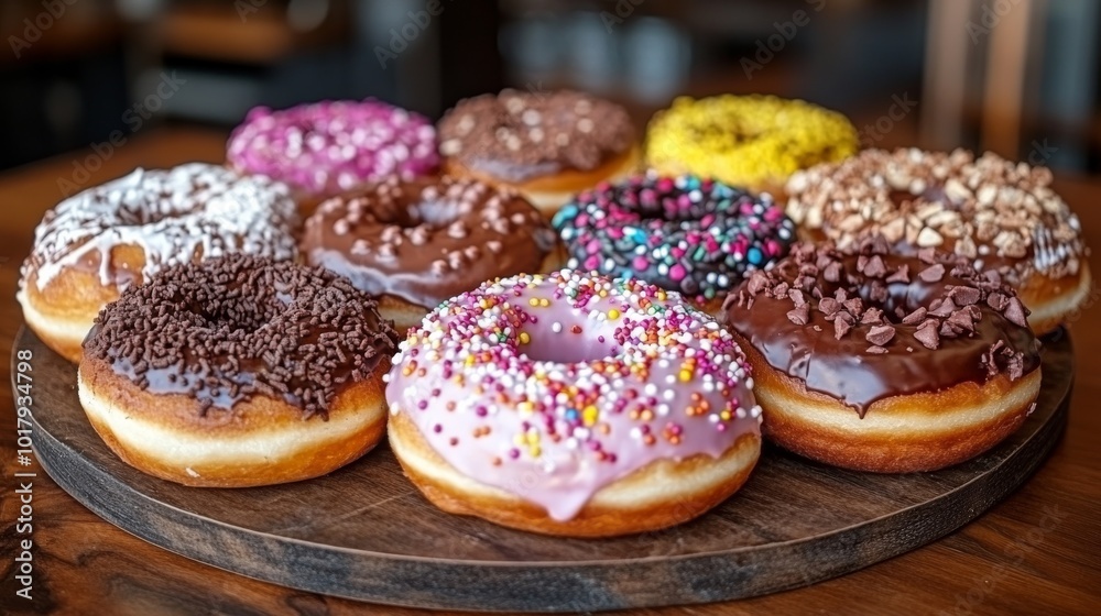 A selection of glazed and sprinkled donuts arranged on a wooden platter, featuring diverse toppings and colors, creating an inviting and appetizing display. A selection of glazed and sprinkled donuts arranged on a wooden platter, featuring diverse toppings and colors, creating an inviting and appetizing display.