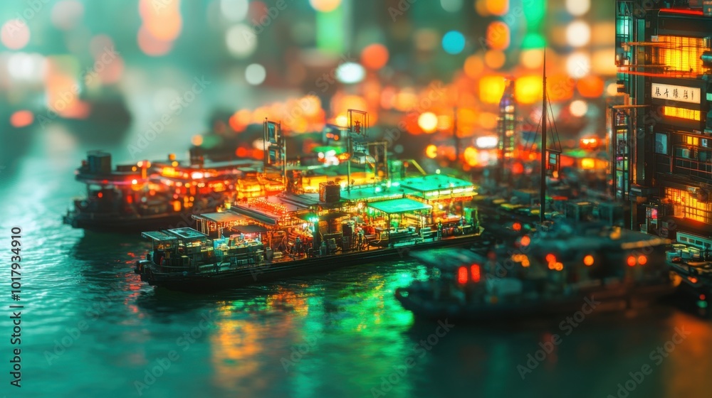 miniature cyberpunk Hong Kong photo. Floating market stalls and glowing hoverboats fill the harbor miniature cyberpunk Hong Kong photo. Floating market stalls and glowing hoverboats fill the harbor