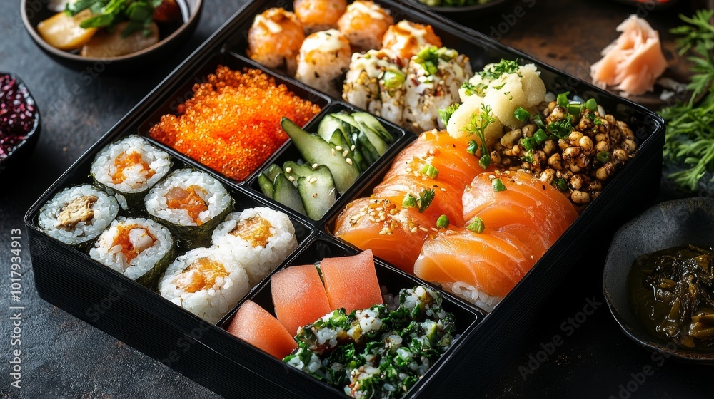 An exquisite assortment of sushi and sashimi is elegantly displayed in a bento box, showcasing a vibrant collage of flavors, colors, and Japanese culinary artistry. An exquisite assortment of sushi and sashimi is elegantly displayed in a bento box, showcasing a vibrant collage of flavors, colors, and Japanese culinary artistry.