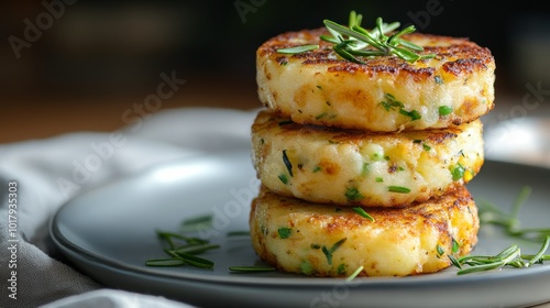 A delicious stack of golden-brown potato cakes flavored with fresh herbs, arranged neatly on a plate, with rosemary garnishes enhancing their rustic appeal.