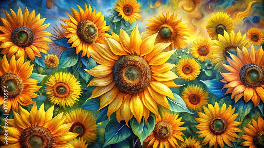 Abstract aerial view of sunflowers fractal flower background in an oil painting style Abstract aerial view of sunflowers fractal flower background in an oil painting style