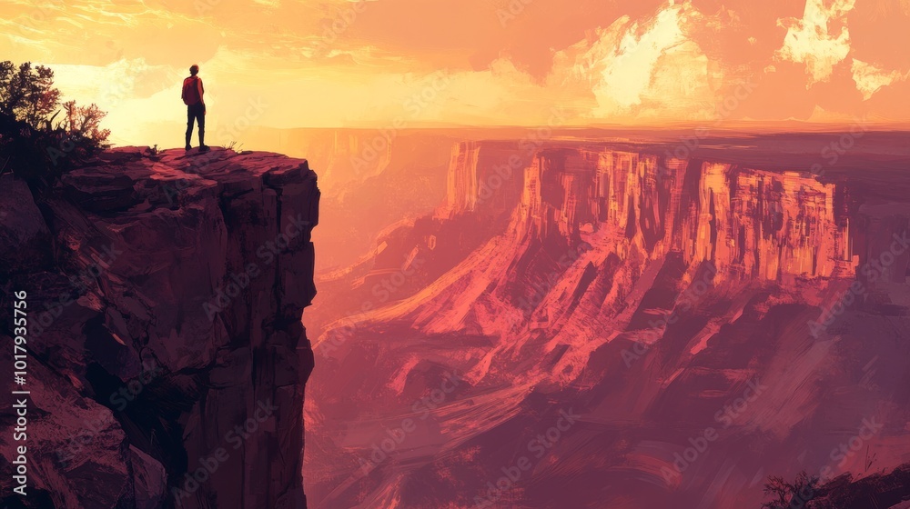 Man Standing on Cliff Edge Overlooking Canyon at Sunset