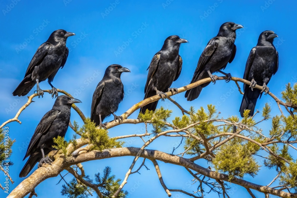 Fototapeta premium Majestic Black Crows Perched on Branches Against a Clear Blue Sky in Natural Habitat Setting