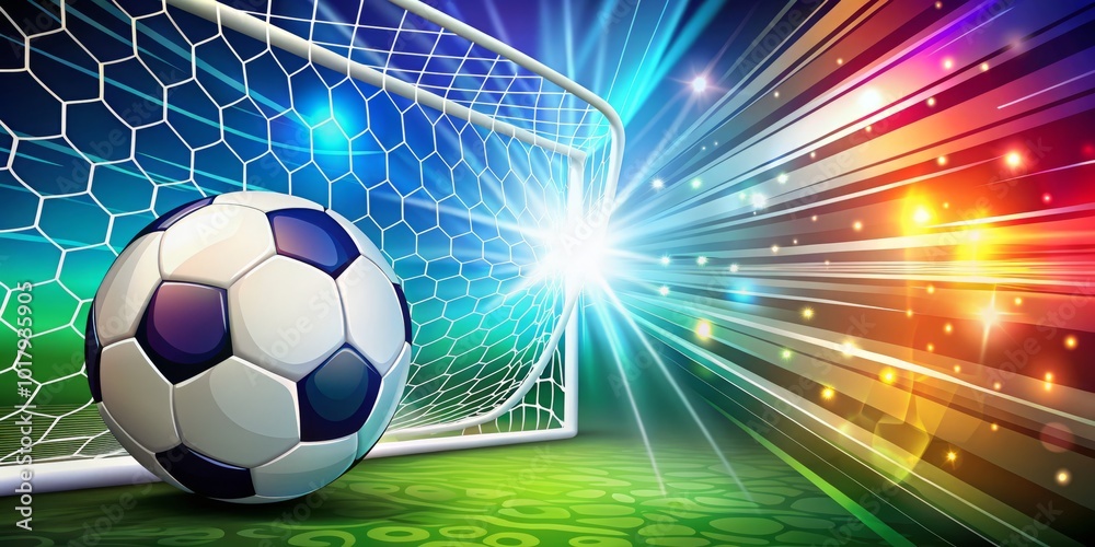 Naklejka premium Energetic soccer banner design showcasing a football goal net and ball, ideal for sports promotions, embodying the thrill and passion of soccer.