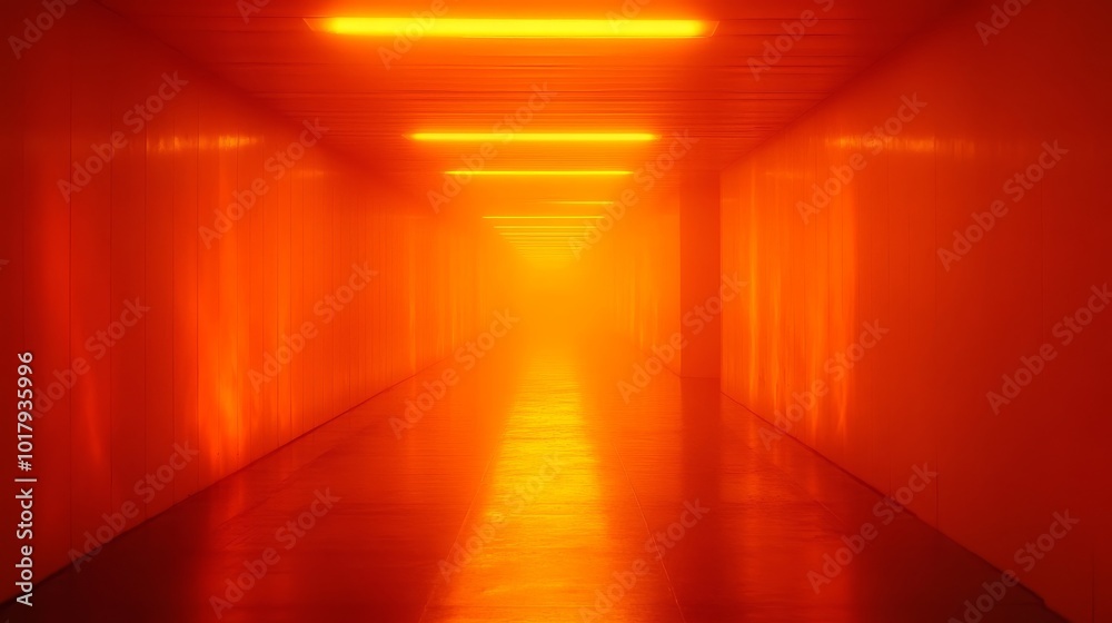 An intriguing corridor bathed in intense orange light creates a surreal, dreamlike atmosphere, as it guides the viewer into an unknown, foggy destination. An intriguing corridor bathed in intense orange light creates a surreal, dreamlike atmosphere, as it guides the viewer into an unknown, foggy destination.