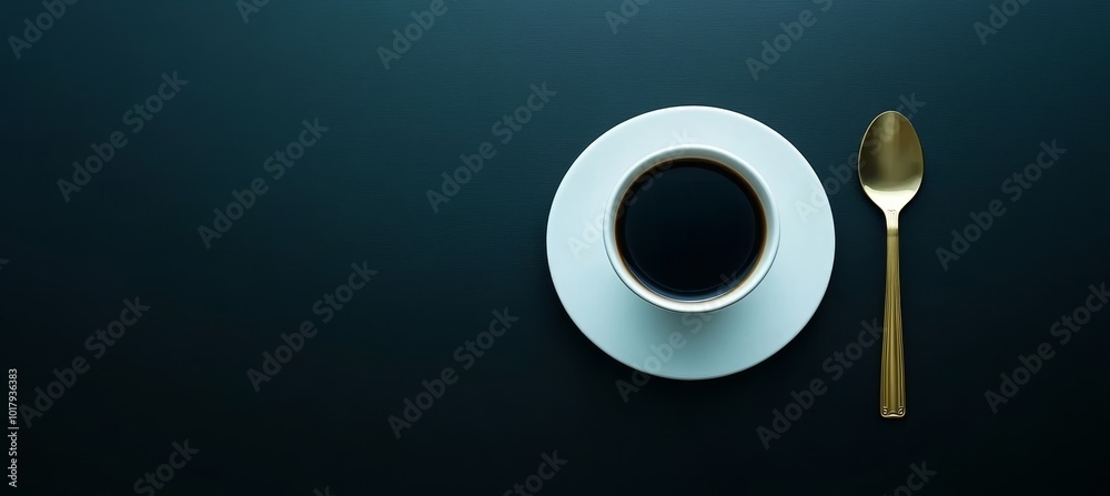 Cup Of Black Coffee On Black Background With Elegant Gold Spoon, Top View, Flat Lay, Minimalist Cup Of Black Coffee On Black Background With Elegant Gold Spoon, Top View, Flat Lay, Minimalist