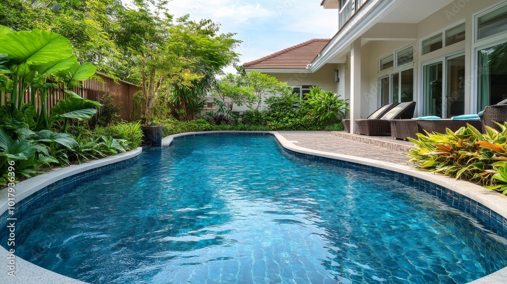 custom made wallpaper toronto digitalA luxurious backyard featuring a sleek modern swimming pool surrounded by well-maintained lush garden beds, elegant outdoor furniture, and a modern house facade.