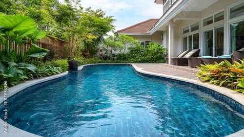 A luxurious backyard featuring a sleek modern swimming pool surrounded by well-maintained lush garden beds, elegant outdoor furniture, and a modern house facade.