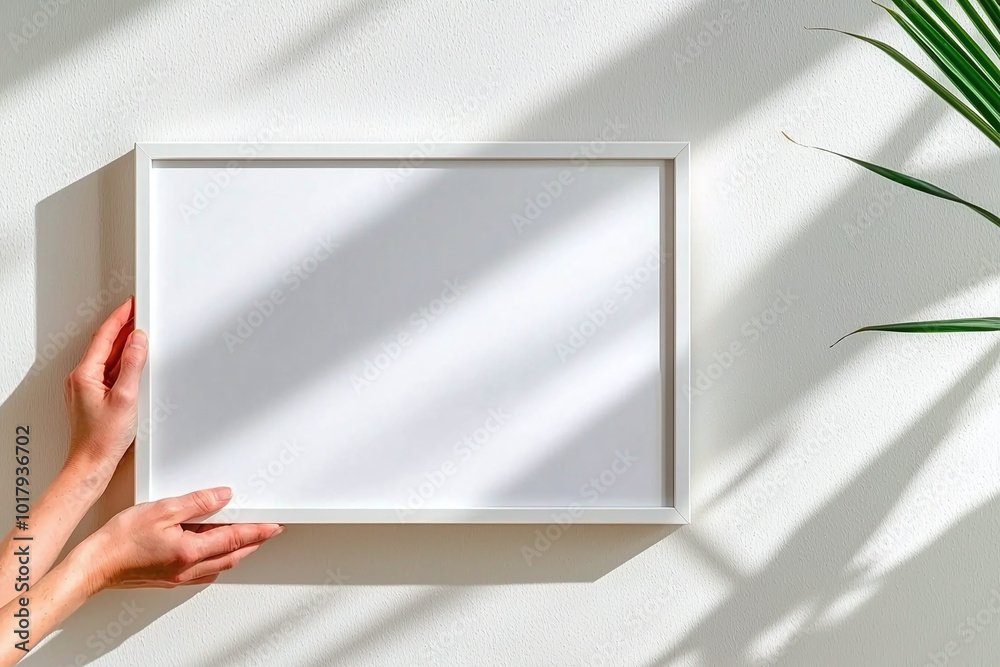 hands holding a minimalist white picture frame against a neutral wall hands holding a minimalist white picture frame against a neutral wall