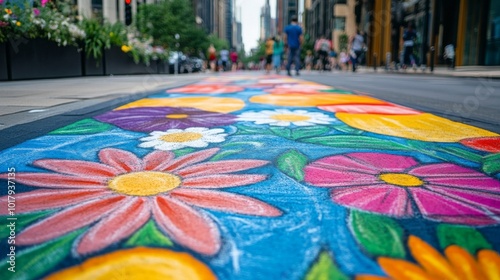 Vivid street art depicting a colorful, floral chalk design on an urban street, merging creativity and public space in a celebration of vibrant community expression. photo