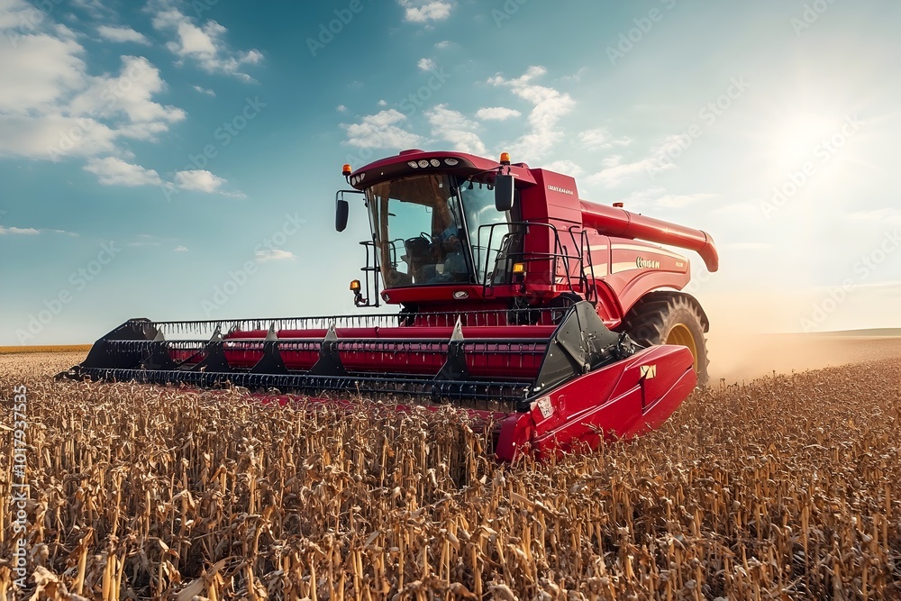 Obraz premium Red Combine Harvester Gathering Soybeans in Autumn Countryside Scenery