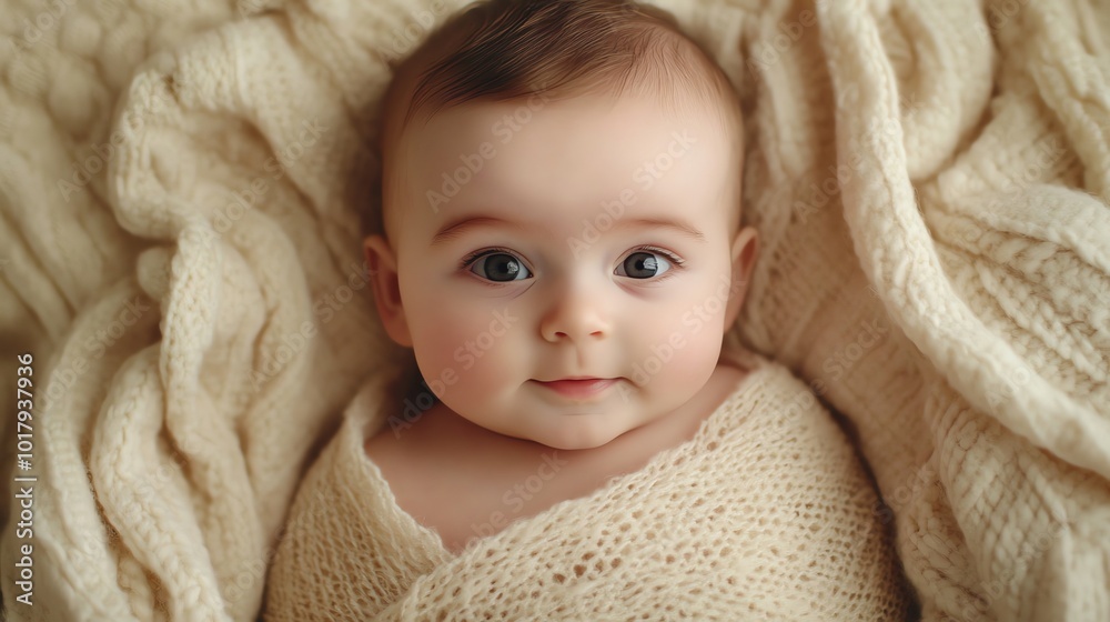 A baby with big brown eyes is swaddled in a white knit blanket. A baby with big brown eyes is swaddled in a white knit blanket.