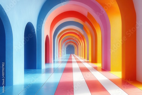 3D Render of Colorful Abstract Interior with Round Shapes and Stripes – Modern Architectural Corridor with Arches 