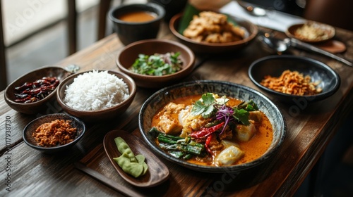 Delicious Thai Curry with Rice Side Dishes and Garnish on Wooden Table