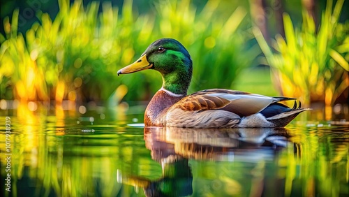 Majestic Brown Mallard Duck Swimming Gracefully in a Serene Lake Surrounded by Lush Greenery