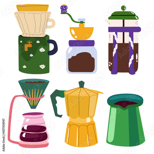 Coffee retro vector icons. Coffee maker, coffee beans in kraft paper, grinder and other appliances for preparing hot drinks. Design elements perfect for cafe menu, coffee shop posters