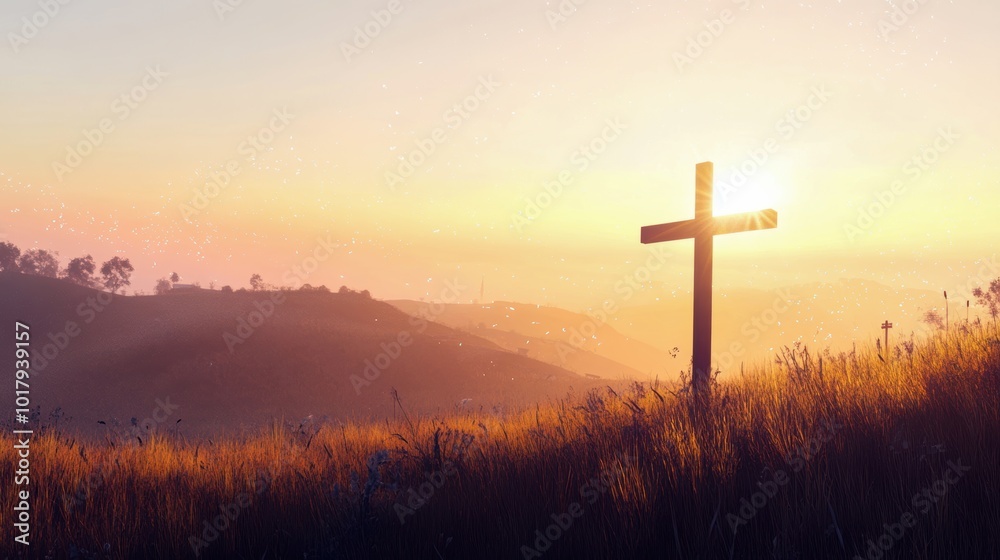 Silhouette of a wooden cross at sunrise over serene hills, symbolizing faith and tranquility in nature. Silhouette of a wooden cross at sunrise over serene hills, symbolizing faith and tranquility in nature.
