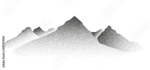 Grain stippled mountains landscape. Vector illustration in black dotted particle terrain, stippling peak, rock or pyramid, silhouettes.