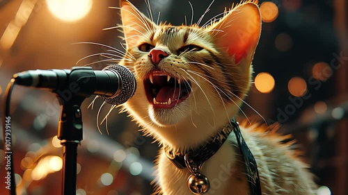 Funny cat singing and holding a microphone. Created with Generative AI