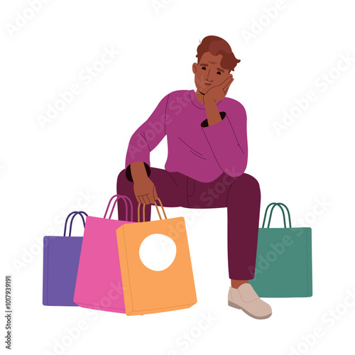 Man Character sit with Bags Thinking Choosing Clothes at Shop or Fashion Store Vector Illustration