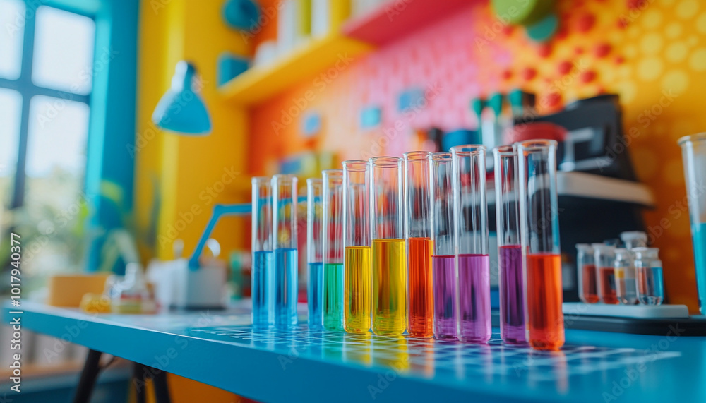 A vibrant science lab-themed room with colorful test tubes, periodic table wallpaper, and a lab station desk A vibrant science lab-themed room with colorful test tubes, periodic table wallpaper, and a lab station desk