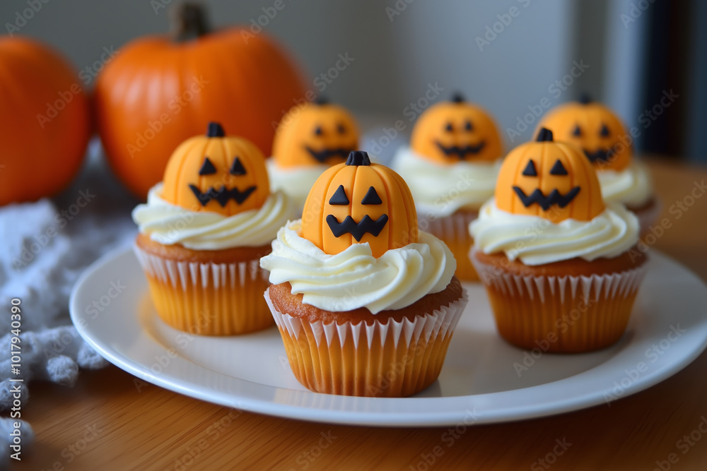 Halloween cupcakes with pumpkins decorations