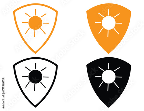 sun logo in shield icon stroke and fill heat or light protection concept.