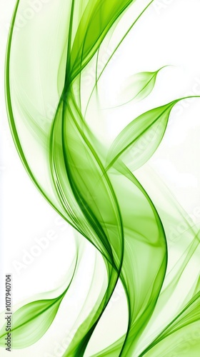 Elegant green abstract waves with delicate leaf accents on a white background, embodying freshness and vitality.