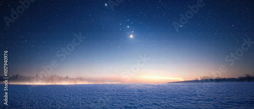 Night sky over snowy field with stars and planets, serene winter landscape.