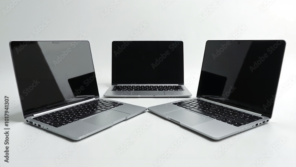 Modern Laptops in Row: Sleek Design for Tech Advertising, Business Presentations, or E-commerce Product Showcase Modern Laptops in Row: Sleek Design for Tech Advertising, Business Presentations, or E-commerce Product Showcase