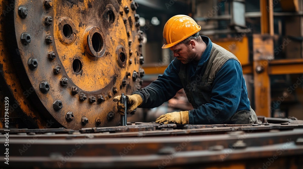 Worker inspects a large metal gear in an industrial facility during daytime operations Worker inspects a large metal gear in an industrial facility during daytime operations