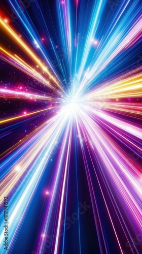 Dynamic burst of vibrant colors and light rays creating an energetic and futuristic background.
